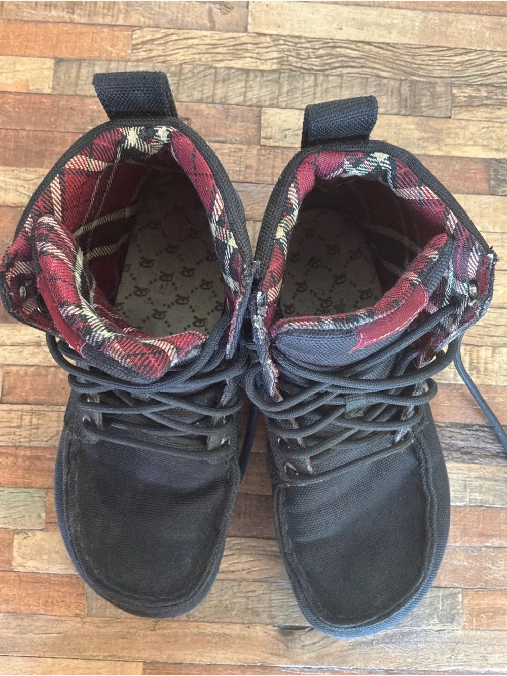 Canvas High-Top Boots in Black with Red Plaid Lining